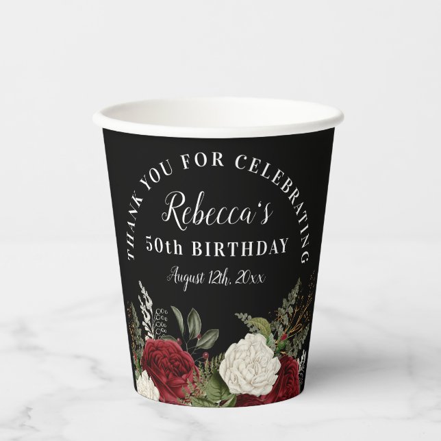 Gobelets En Papier Roses rouges sur Noir 50e anniversaire Merci (Recto)