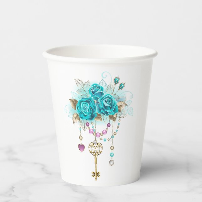 Gobelets En Papier Roses turquoise avec touches (Recto)