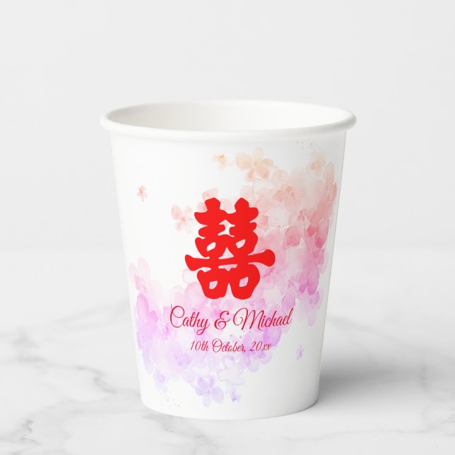 Gobelets En Papier Rouge chinois mariage aquarelle cerisier fleur Pap (Verso)