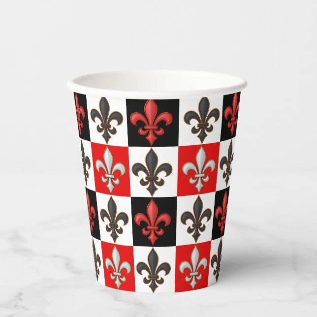 Gobelets En Papier Rouge Noir Blanc À damiers Fleur de lis Design (Recto)