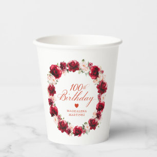 Gobelets En Papier Rouge Rose Florale 100e Anniversaire Personnalisé