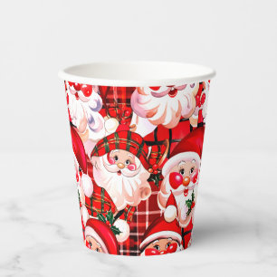 Gobelets En Papier Rouge Vintage Père Noël Tartan Plaid Noël