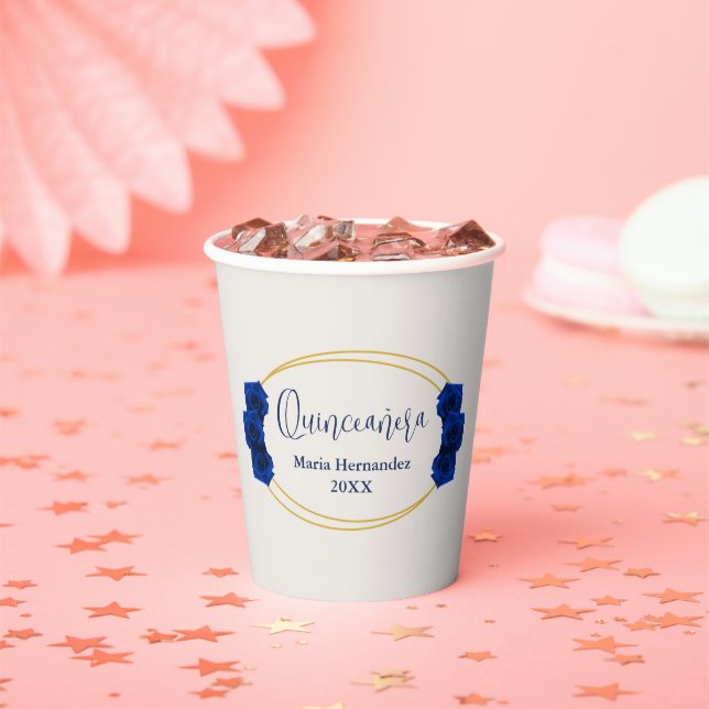 Gobelets En Papier Royal Blue et Gold Geometry Quinceañera (Insitu)