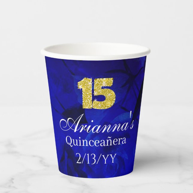 Gobelets En Papier Royal Blue, Gold 15 and Tiara Quinceanera (Recto)