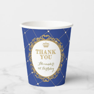 Gobelets En Papier Royal Blue Gold Prince Baby Boy Fête d'anniversair