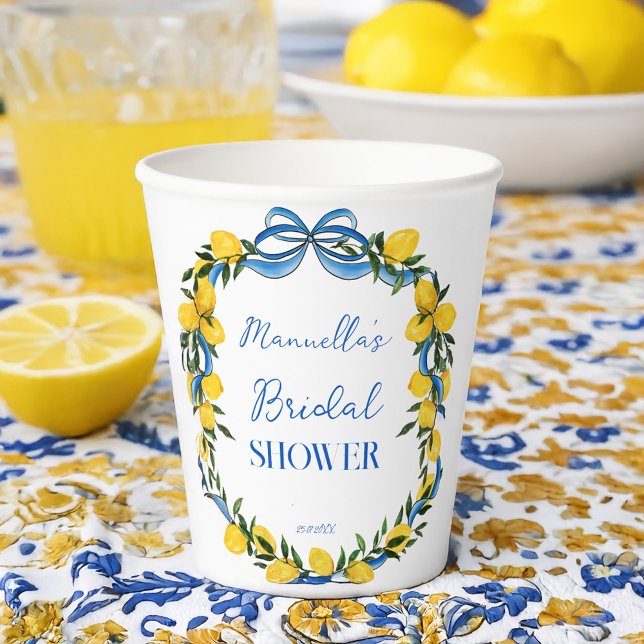 Gobelets En Papier Rubans à nœud en bleu citrons douche de mariage pe (Lemons blue bow ribbon coquette Italian bridal shower monogrammed paper cups personalized decor)