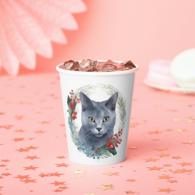 Gobelets En Papier Russe Blue Chat Noël Wreath Festive Kitten (Insitu)