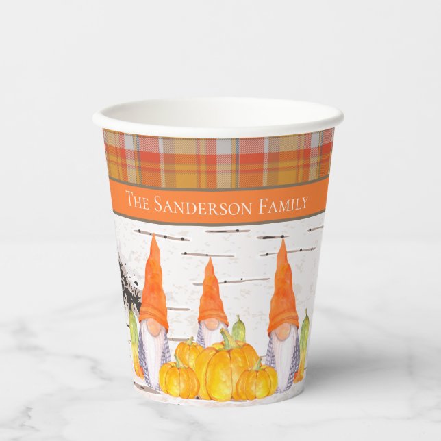 Gobelets En Papier Rustic Fall Gnome citrouille orange plaid (Recto)
