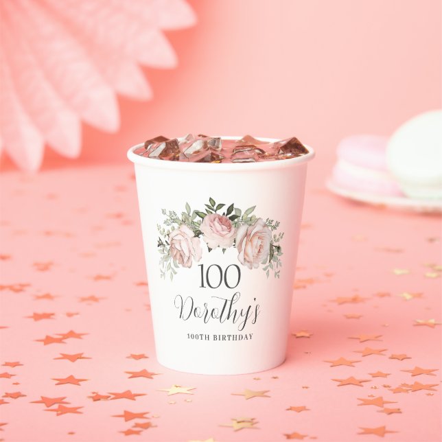 Gobelets En Papier Rustic Rose Floral 100e fête d'anniversaire (Insitu)