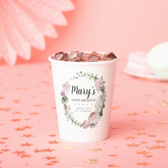 Gobelets En Papier Rustic Rose Floral 100e fête d'anniversaire (Insitu)