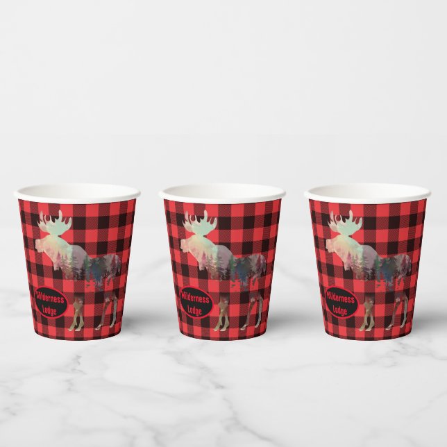 Gobelets En Papier Rustic Woods Moose Red Plaid Ajouter le nom Cubes  (Multi)