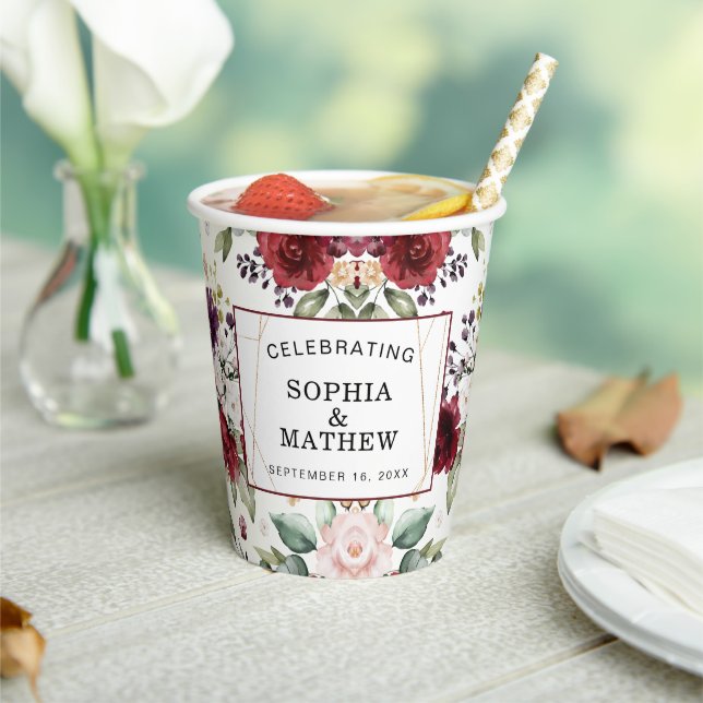 Gobelets En Papier Rustique Bourgogne Blush Floral Abstrait Mariage (Insitu)