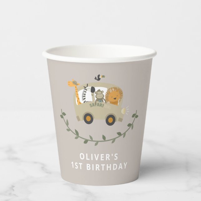 Gobelets En Papier Safari Jungle Animaux 1er Anniversaire Nom personn (Recto)