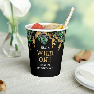 Gobelets En Papier Safari Wild One 1er Anniversaire Vert Or Noir