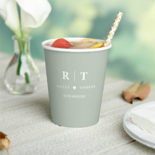 Gobelets En Papier Sage Green chiffres romains Monogramme Mariage