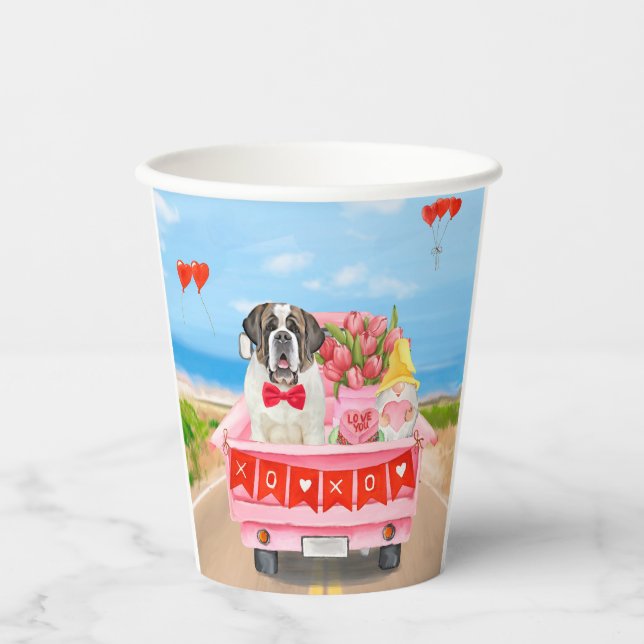 Gobelets En Papier Saint Bernard Chien Saint Valentin Coeurs de camio (Recto)