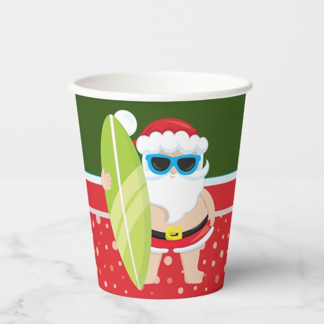 Gobelets En Papier Santa Claus mignonne avec plage de surf mec (Recto)