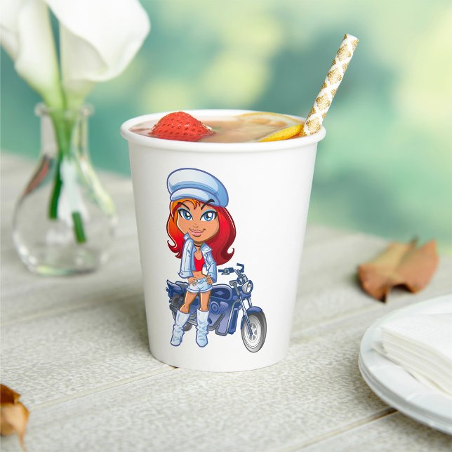 Gobelets En Papier Sassy Biker Girl avec cheveux rouges et moto (Créateur téléchargé)