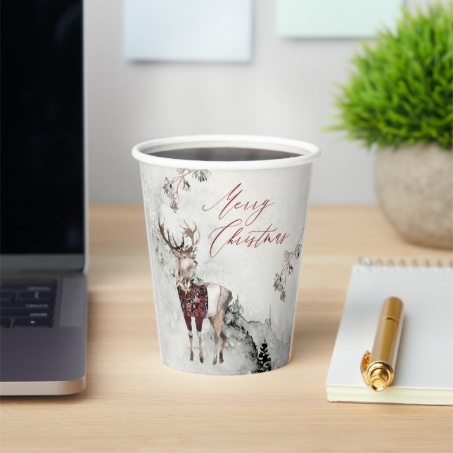 Gobelets En Papier Scène de Noël magique Bois rustique Cerf (Insitu)