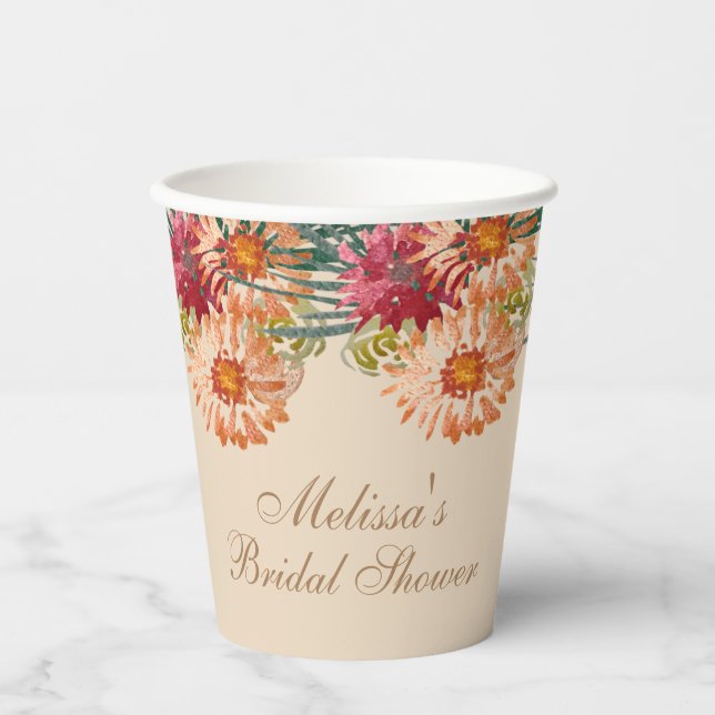 Gobelets En Papier Script de Baby Shower Fleur Peach Aquarelle (Recto)