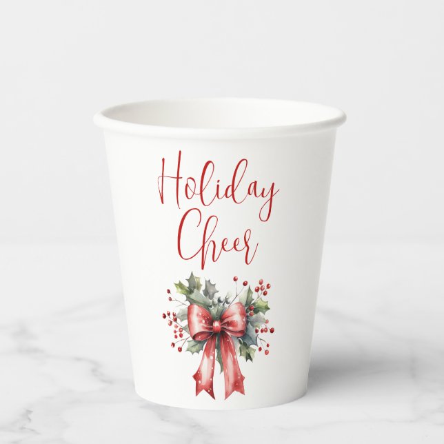 Gobelets En Papier Script de vacances moderne Bow rouge Holly (Recto)