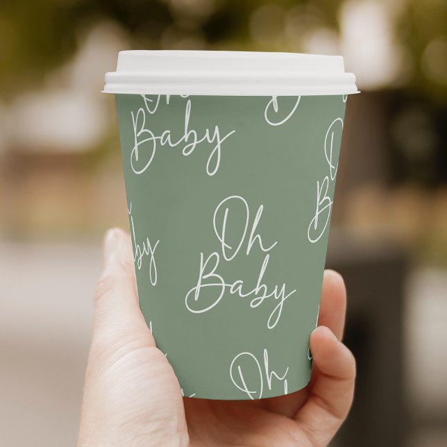 Gobelets En Papier Script moderne Sage Oh Baby Baby shower simple (Créateur téléchargé)
