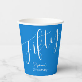 Gobelets En Papier Script simple moderne bleu 50e anniversaire