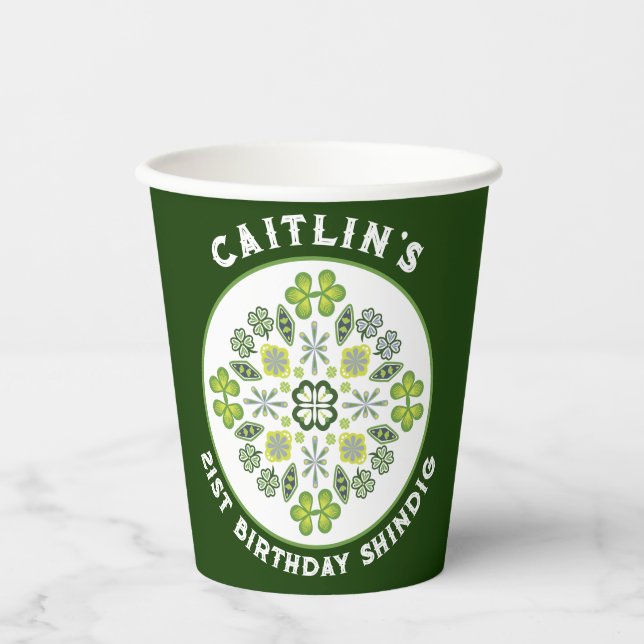 Gobelets En Papier Shamrock Mandala fête du 21ème anniversaire (Recto)