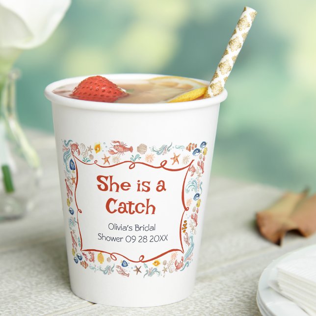 Gobelets En Papier She's  Catch Coastal Bridal Shower Hot Cup Sleeves (Créateur téléchargé)