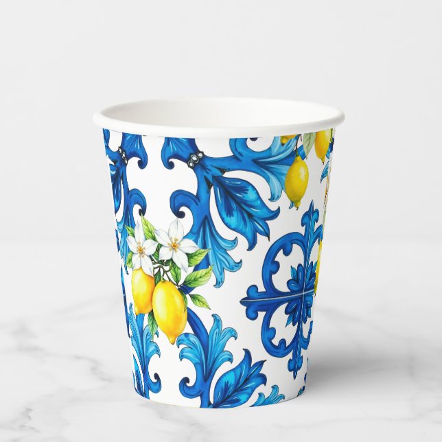 Gobelets En Papier sicilien, été, citron, mosaïque, bleu (Recto)