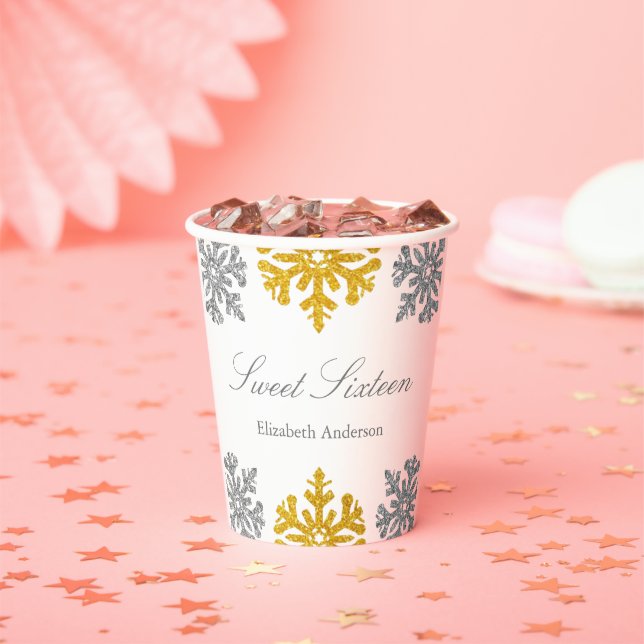 Gobelets En Papier Silver Gold Snowflake Winter Sweet 16 (Insitu)
