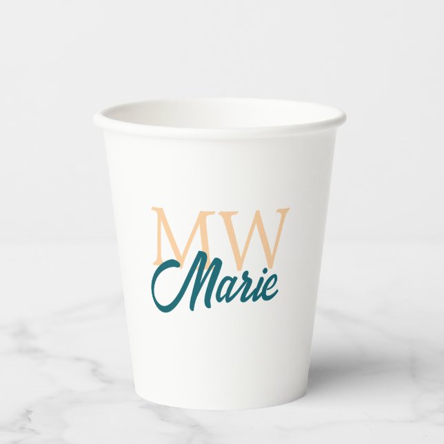 Gobelets En Papier simple minimal ajouter nom monogramme orange bleu  (Recto)