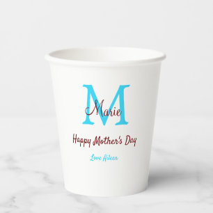 Gobelets En Papier simple minimum jour mère bleu monogramme rose nom