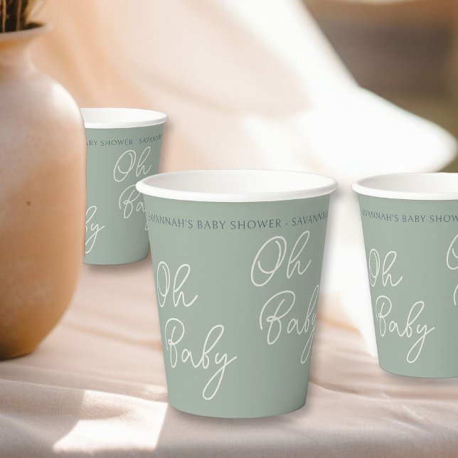 Gobelets En Papier Simple moderne Oh Baby Script Sage Douche verte (Oh Baby paper cups from my Tricolor Baby Shower Collection)