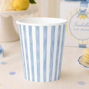 Gobelets En Papier Simple Rayé Invitation Baby Shower Bleu Amalfi