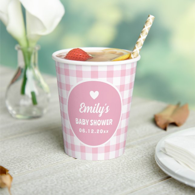 Gobelets En Papier Simple Retro Girly rose En vichy Baby shower fille (Insitu)