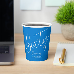 Gobelets En Papier Simply Modern Script Blue 60th Birthday Party