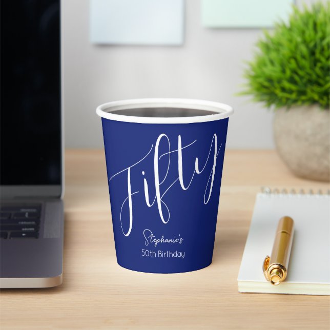 Gobelets En Papier Simply Modern Script Marine Blue 50th Birthday (Insitu)
