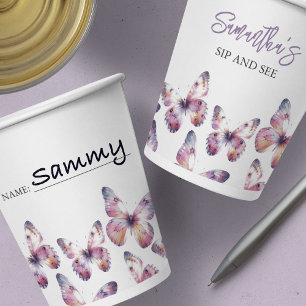 Gobelets En Papier Sip et voir Thème Papillon Purple Personnalisé