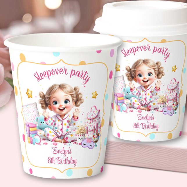 Gobelets En Papier Sleepover Stwood Party Jolie fille Anniversaire (Sleepover Slumber Party Cute Girl Birthday Paper Cups)