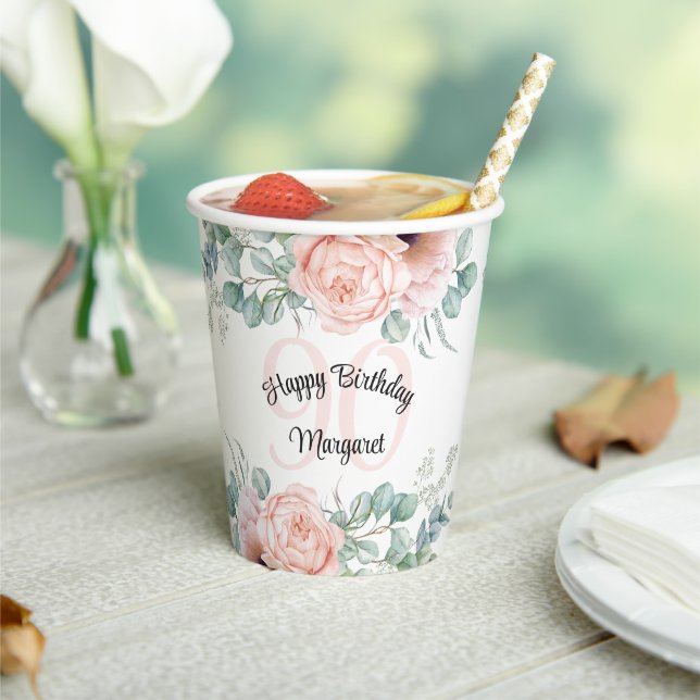 Gobelets En Papier Soft Pastel Floral 90e anniversaire (Insitu)