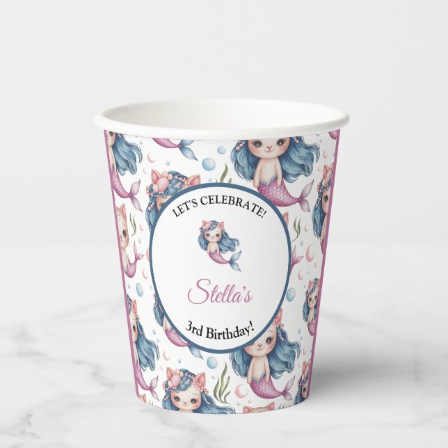 Gobelets En Papier Soft Pastel Mermaid Chat Fille Anniversaire (Recto)