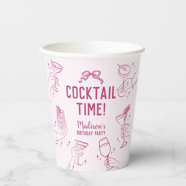 Gobelets En Papier Soirée Cocktail rose Retro Anniversaire (Recto)