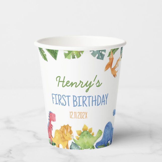 Gobelets En Papier Soirée d'anniversaire des mignons dinosaures (Recto)