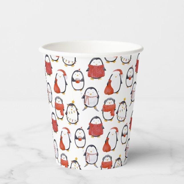 Gobelets En Papier Soirée de Noël Motif des Pingouins Festifs (Recto)