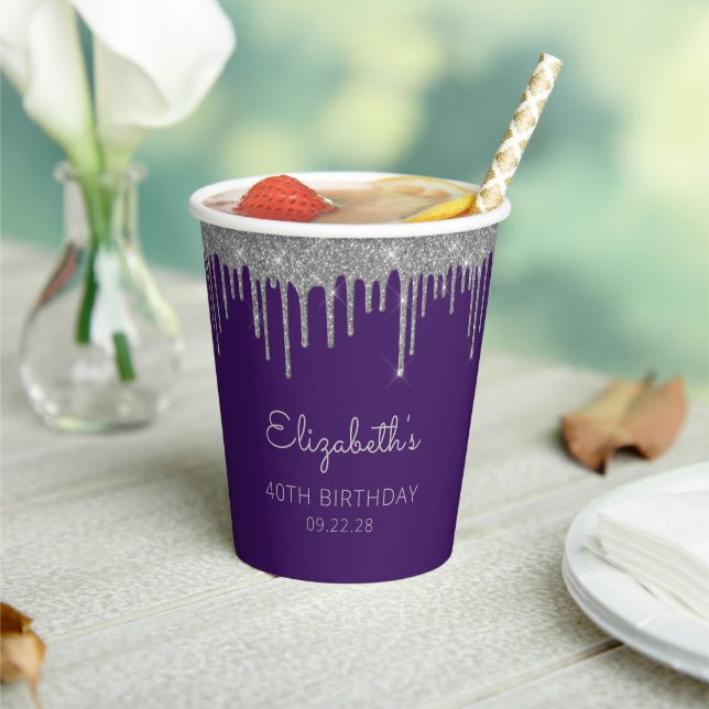 Gobelets En Papier Soirée personnalisée en argent violet 40e annivers (Insitu)