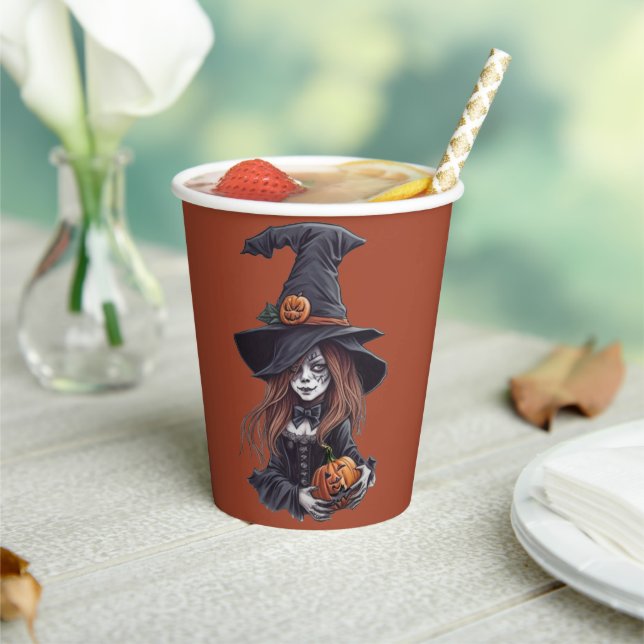 Gobelets En Papier Sorcière d'Halloween avec citrouille (Insitu)