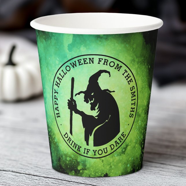 Gobelets En Papier Sorcière et texte personnalisé vert noir Halloween (Witch and custom text green black Halloween Paper Cups)