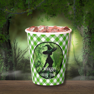 Gobelets En Papier Sorcière peinte vert gingham carreaux