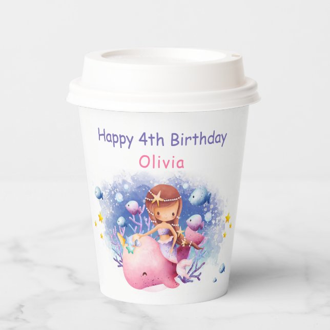 Gobelets En Papier Sous la mer, mignonne Sirène Anniversaire (Recto)
